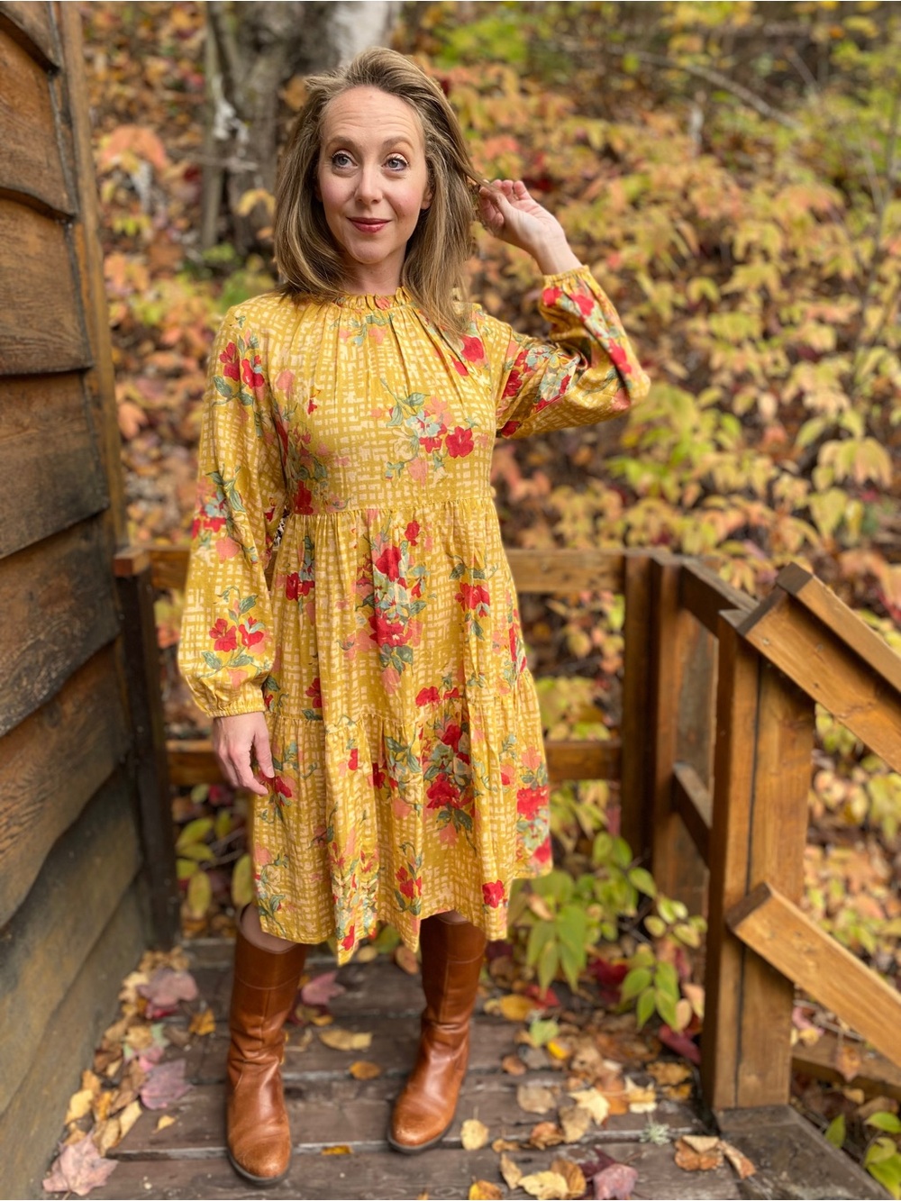 Dead stock vintage April Cornell Mustard Yellow Floral Long-Sleeve Tiered Dress